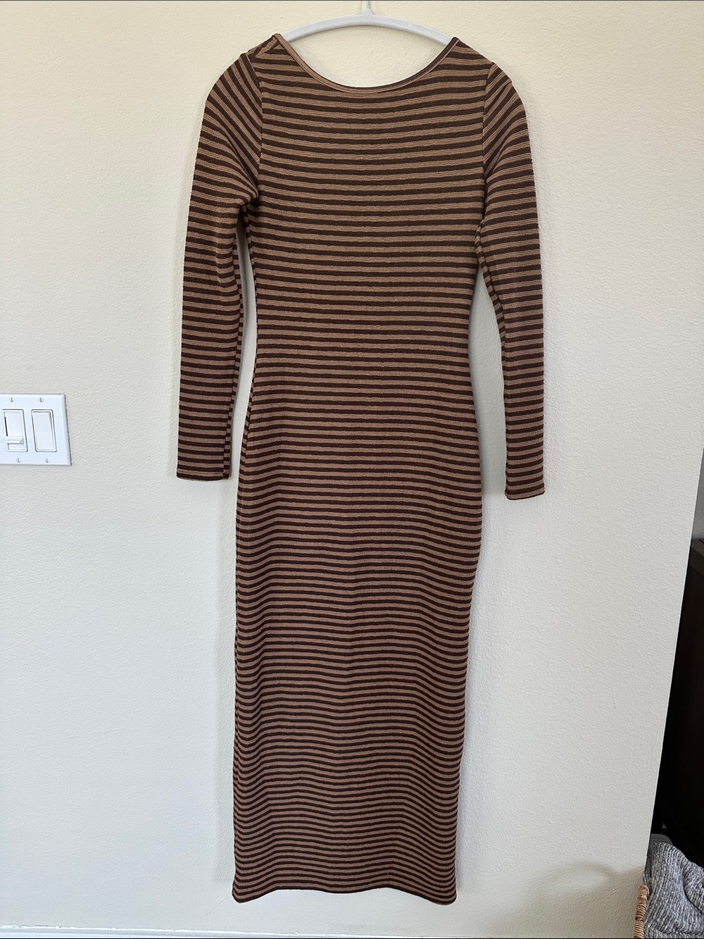 Striped Long-Sleeve Maxi Dress in Brown